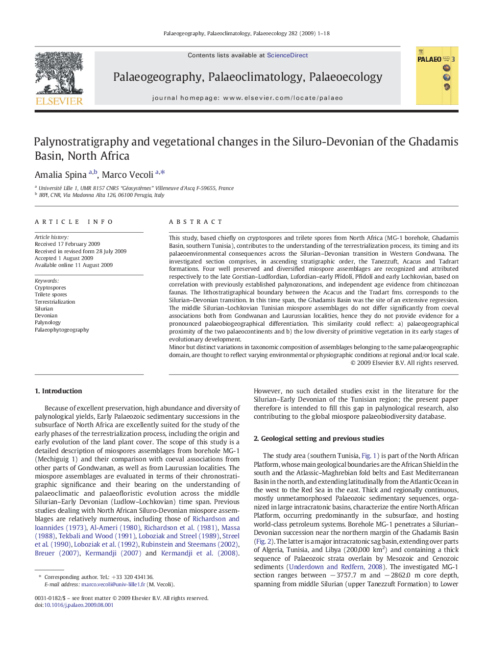 Palynostratigraphy and vegetational changes in the Siluro-Devonian of the Ghadamis Basin, North Africa