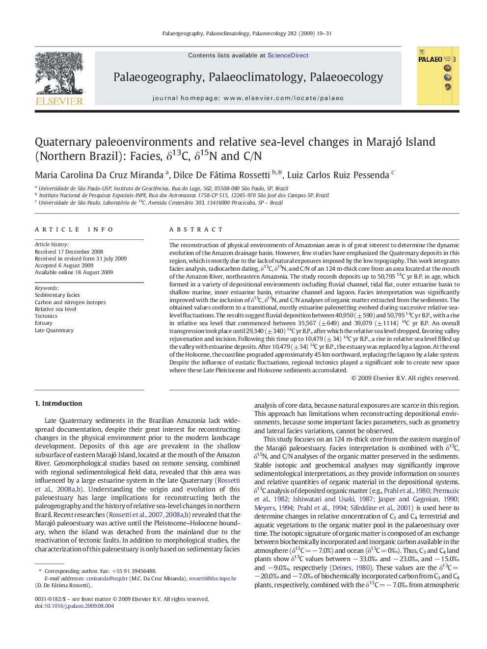 Quaternary paleoenvironments and relative sea-level changes in Marajó Island (Northern Brazil): Facies, δ13C, δ15N and C/N