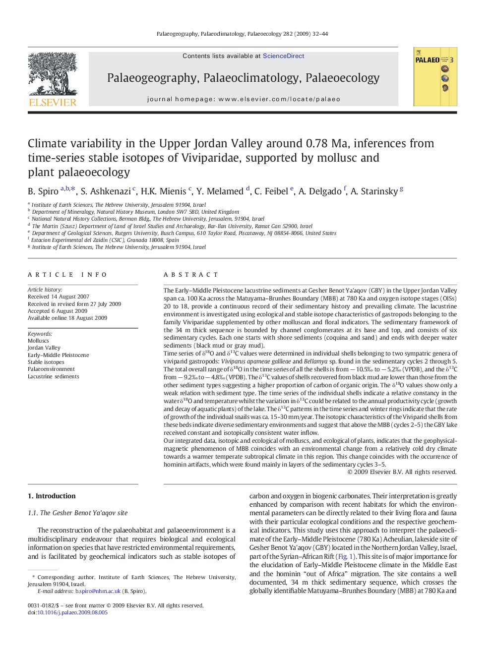 Climate variability in the Upper Jordan Valley around 0.78 Ma, inferences from time-series stable isotopes of Viviparidae, supported by mollusc and plant palaeoecology