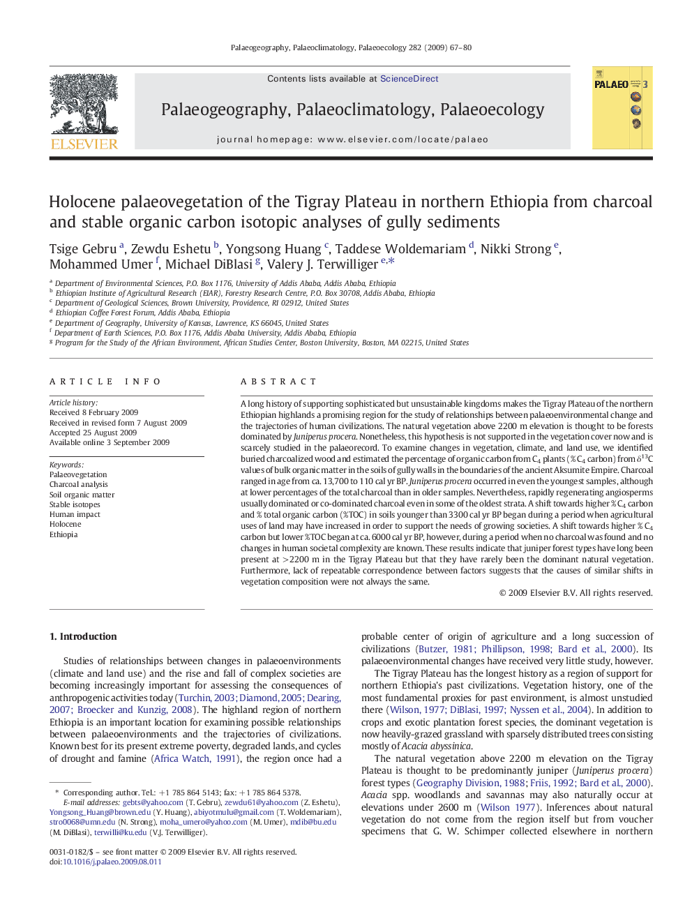 Holocene palaeovegetation of the Tigray Plateau in northern Ethiopia from charcoal and stable organic carbon isotopic analyses of gully sediments