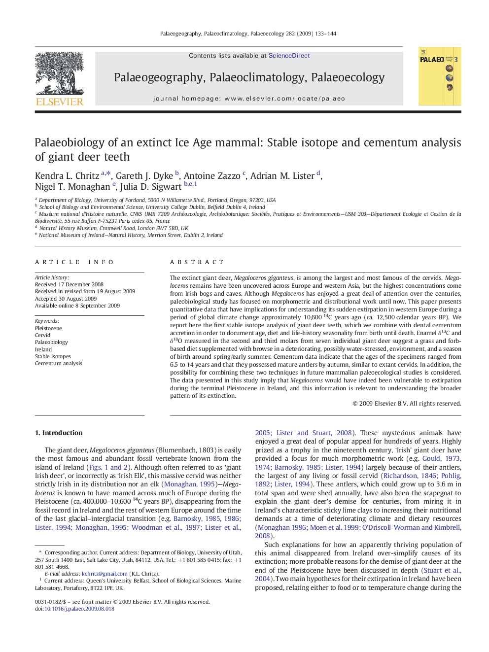 Palaeobiology of an extinct Ice Age mammal: Stable isotope and cementum analysis of giant deer teeth