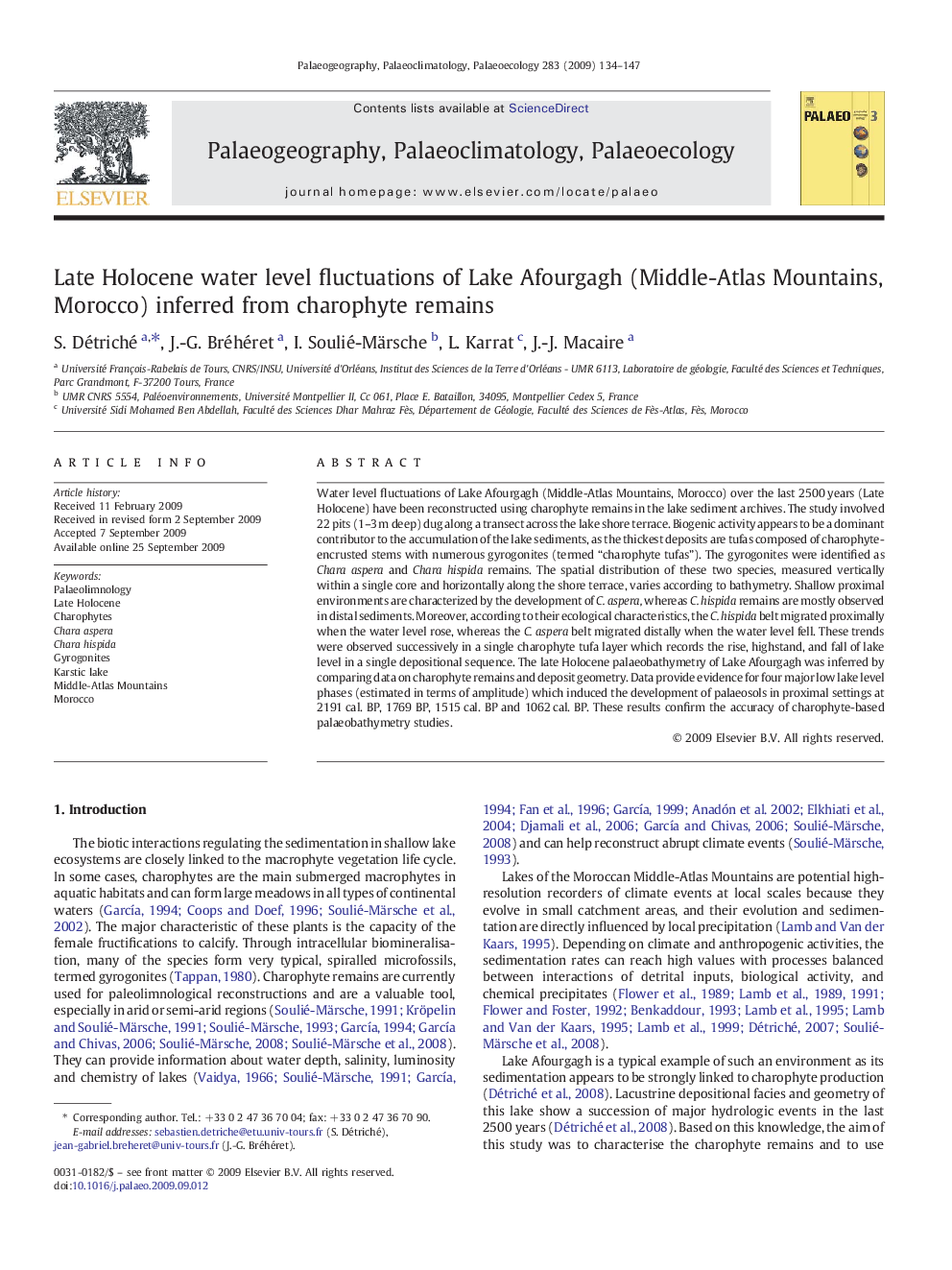 Late Holocene water level fluctuations of Lake Afourgagh (Middle-Atlas Mountains, Morocco) inferred from charophyte remains