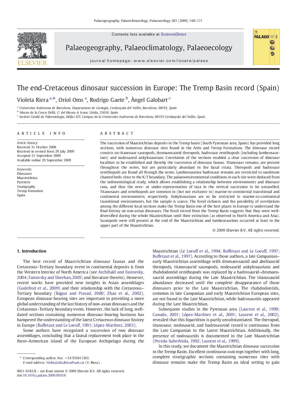 The end-Cretaceous dinosaur succession in Europe: The Tremp Basin record (Spain)