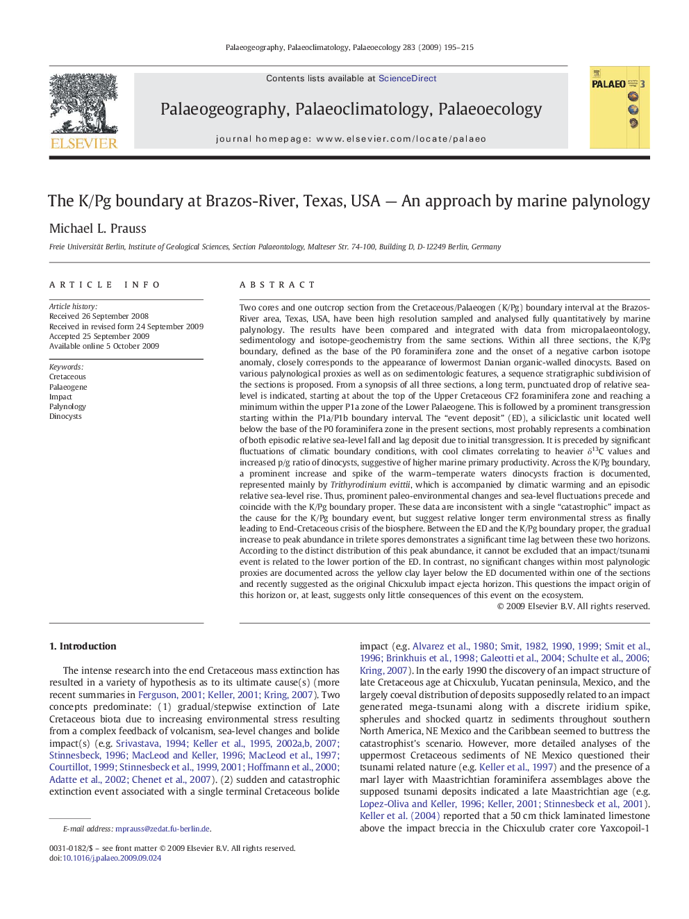 The K/Pg boundary at Brazos-River, Texas, USA — An approach by marine palynology