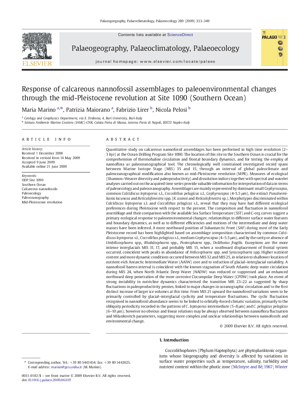 Response of calcareous nannofossil assemblages to paleoenvironmental changes through the mid-Pleistocene revolution at Site 1090 (Southern Ocean)