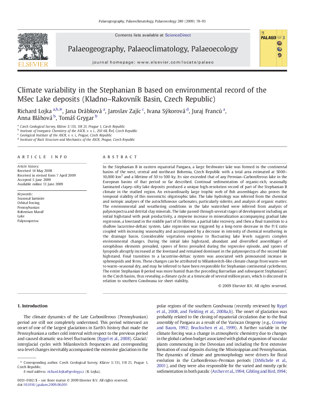 Climate variability in the Stephanian B based on environmental record of the Mšec Lake deposits (Kladno–Rakovník Basin, Czech Republic)