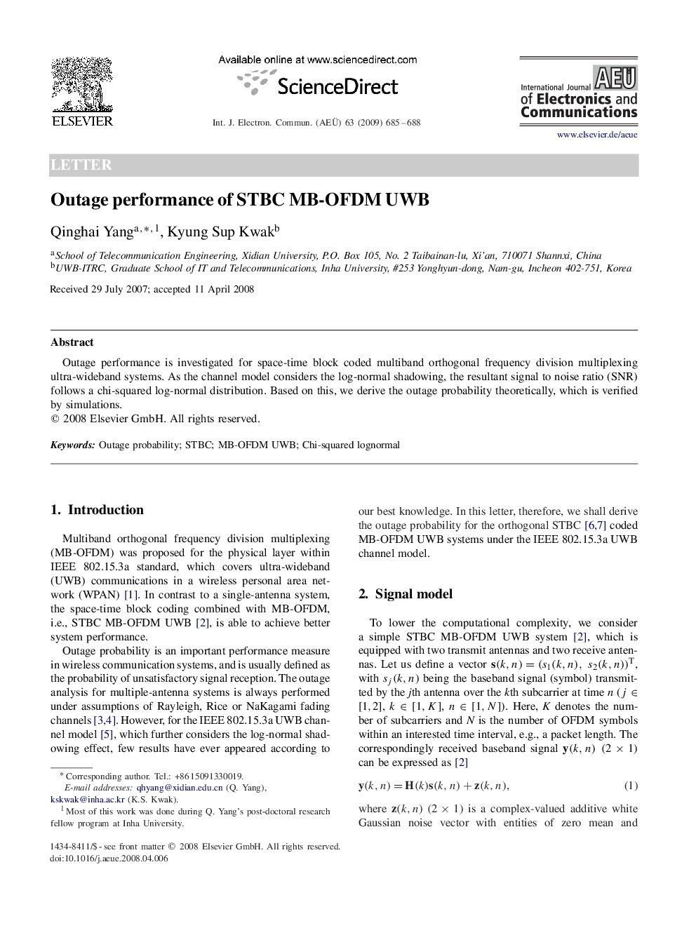 Outage performance of STBC MB-OFDM UWB