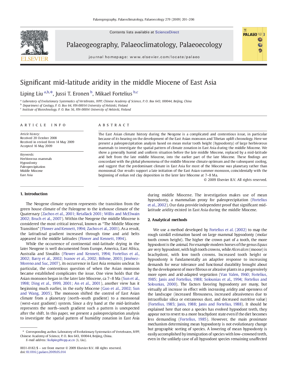 Significant mid-latitude aridity in the middle Miocene of East Asia