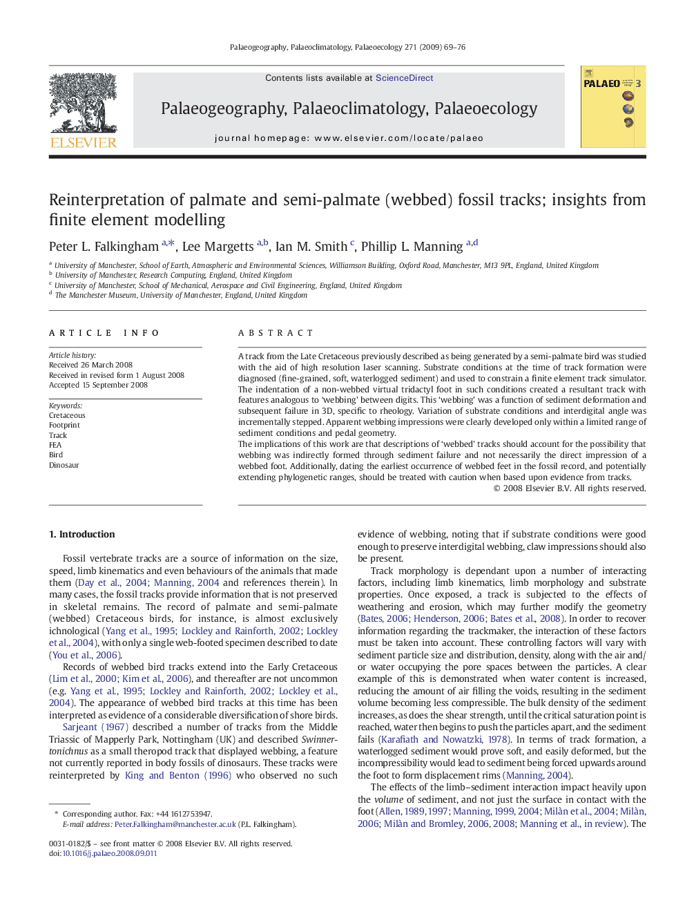 Reinterpretation of palmate and semi-palmate (webbed) fossil tracks; insights from finite element modelling