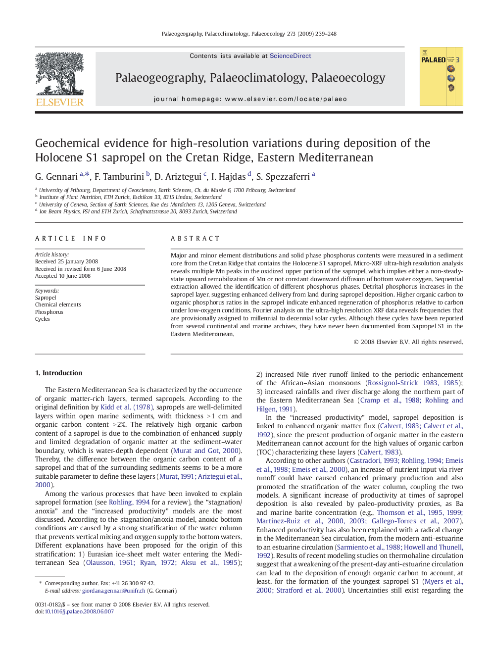 Geochemical evidence for high-resolution variations during deposition of the Holocene S1 sapropel on the Cretan Ridge, Eastern Mediterranean