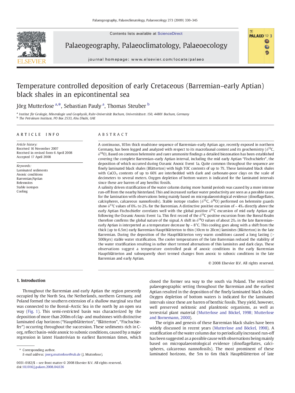 Temperature controlled deposition of early Cretaceous (Barremian–early Aptian) black shales in an epicontinental sea