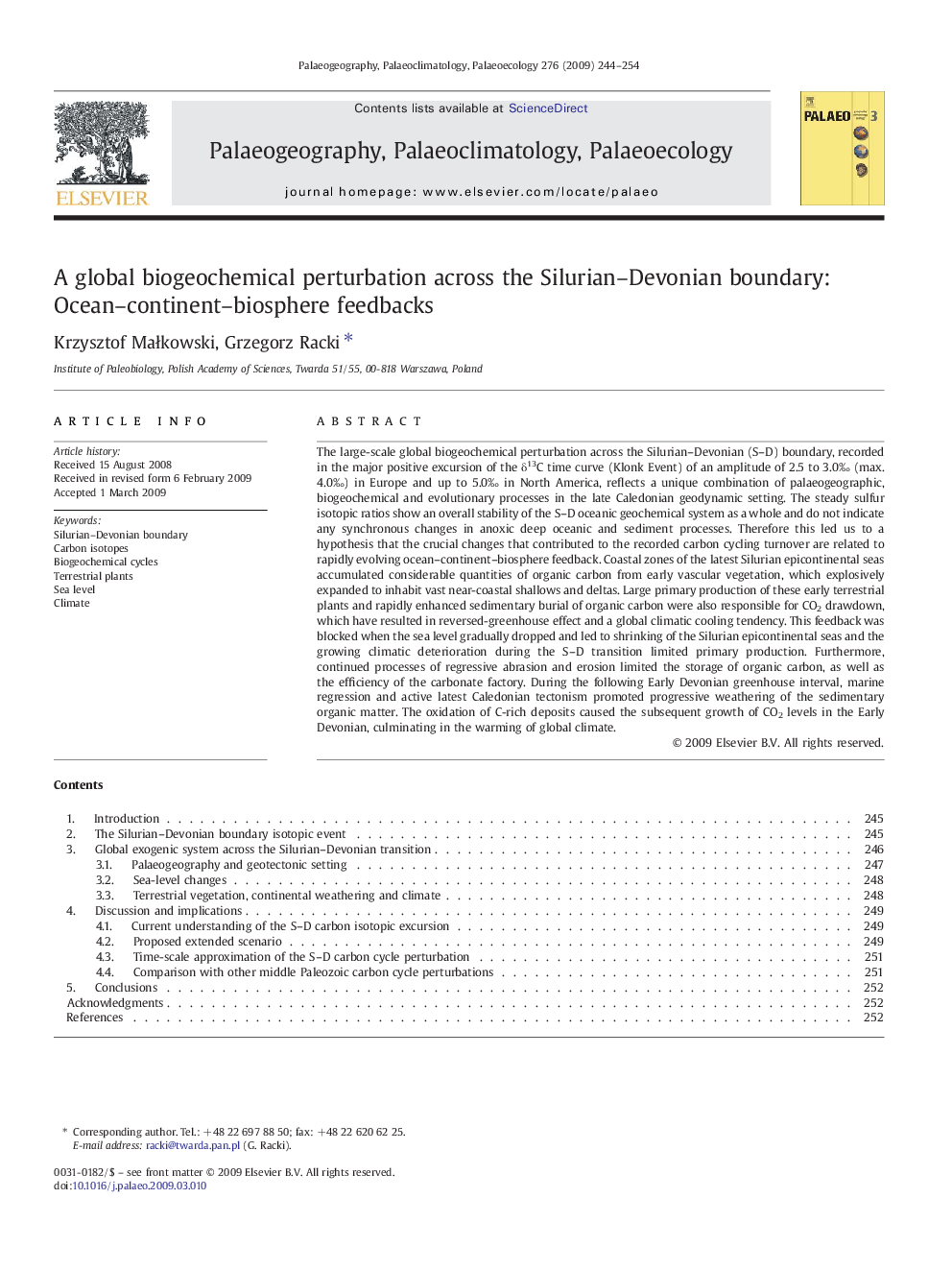 A global biogeochemical perturbation across the Silurian–Devonian boundary: Ocean–continent–biosphere feedbacks