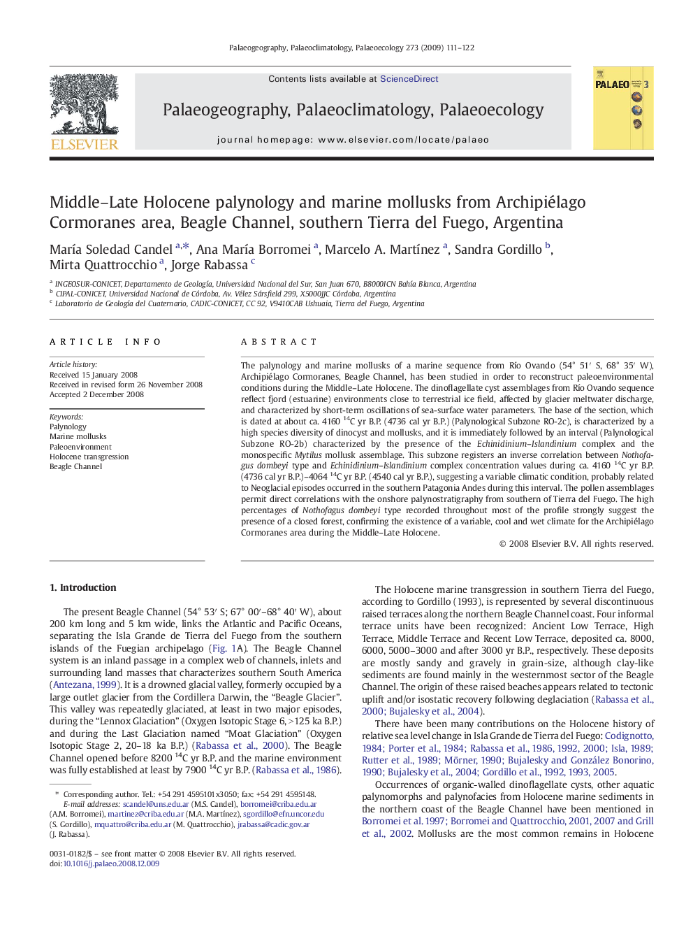 Middle–Late Holocene palynology and marine mollusks from Archipiélago Cormoranes area, Beagle Channel, southern Tierra del Fuego, Argentina