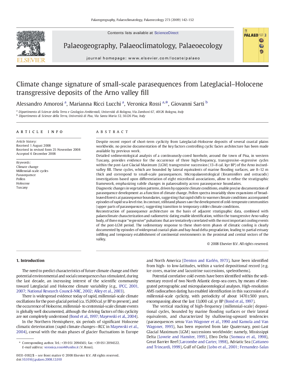 Climate change signature of small-scale parasequences from Lateglacial–Holocene transgressive deposits of the Arno valley fill