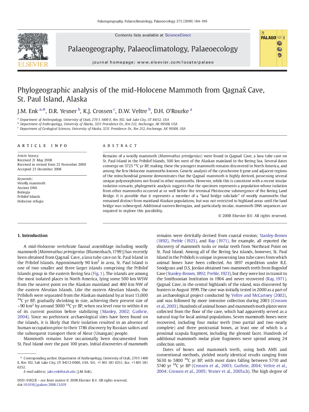 Phylogeographic analysis of the mid-Holocene Mammoth from Qagnaxˆ Cave, St. Paul Island, Alaska