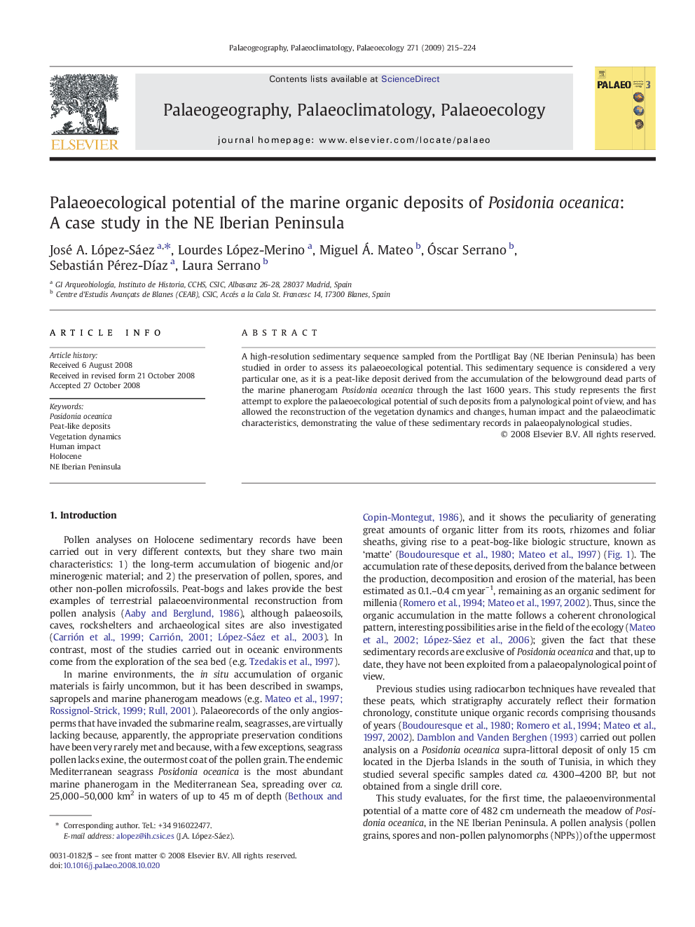 Palaeoecological potential of the marine organic deposits of Posidonia oceanica: A case study in the NE Iberian Peninsula