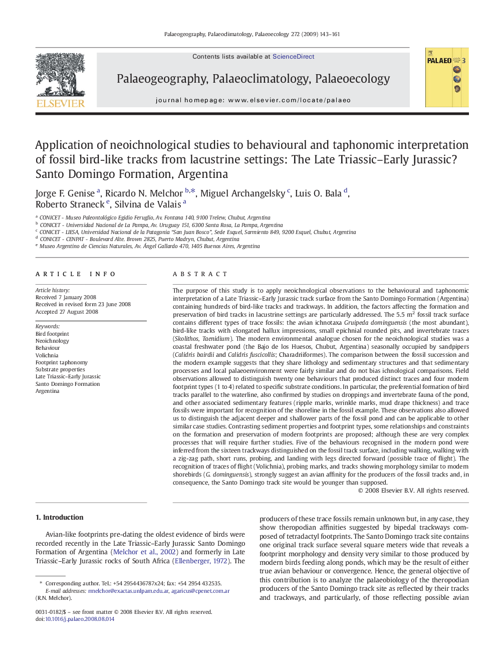 Application of neoichnological studies to behavioural and taphonomic interpretation of fossil bird-like tracks from lacustrine settings: The Late Triassic–Early Jurassic? Santo Domingo Formation, Argentina