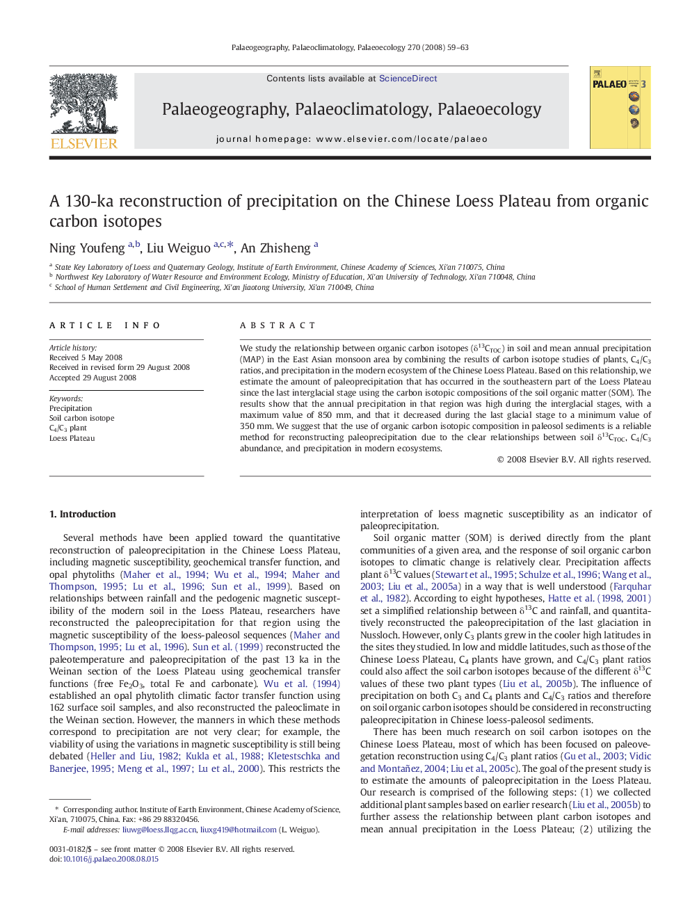 A 130-ka reconstruction of precipitation on the Chinese Loess Plateau from organic carbon isotopes