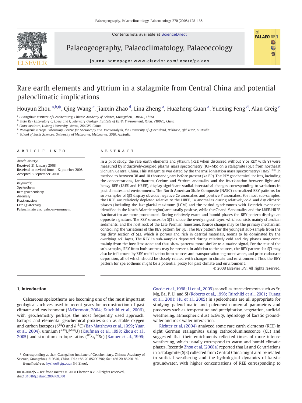 Rare earth elements and yttrium in a stalagmite from Central China and potential paleoclimatic implications