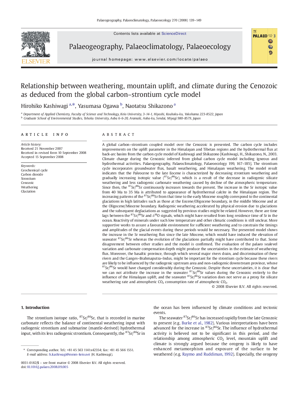 Relationship between weathering, mountain uplift, and climate during the Cenozoic as deduced from the global carbon–strontium cycle model