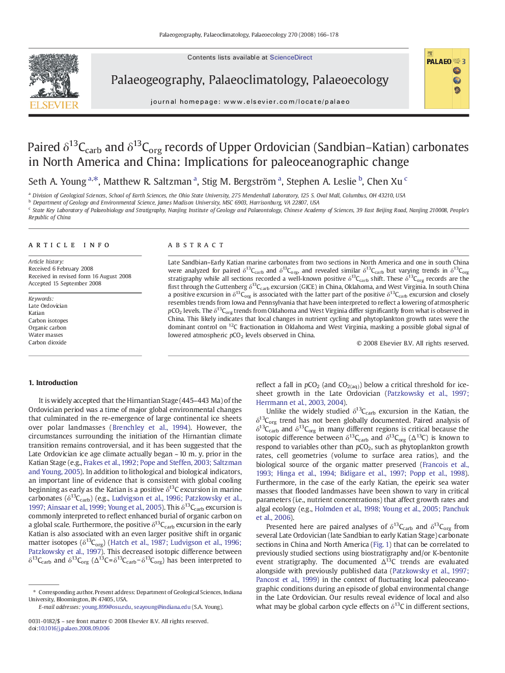 Paired δ13Ccarb and δ13Corg records of Upper Ordovician (Sandbian–Katian) carbonates in North America and China: Implications for paleoceanographic change