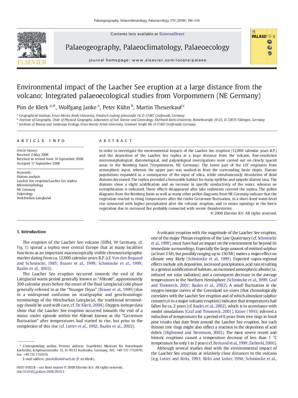 عکس صفحه اول مقاله: Environmental impact of the Laacher See eruption at a large distance from the volcano: Integrated palaeoecological studies from Vorpommern (NE Germany) Environmental impact of the Laacher See eruption at a large distance from the volcano: Integrated palaeoecological studies from Vorpommern (NE Germany)
