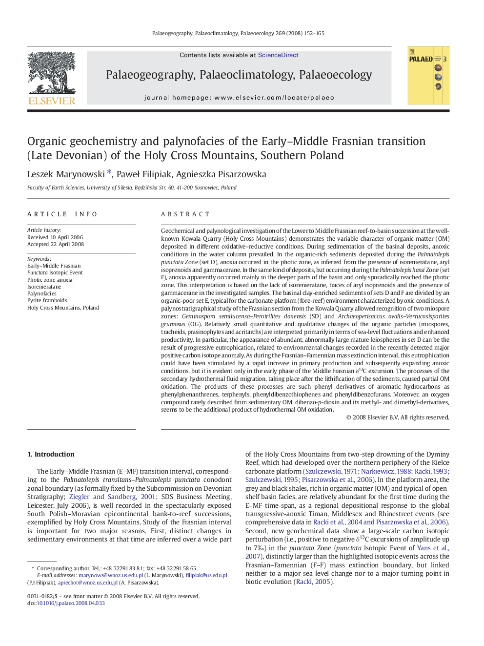 Organic geochemistry and palynofacies of the Early–Middle Frasnian transition (Late Devonian) of the Holy Cross Mountains, Southern Poland