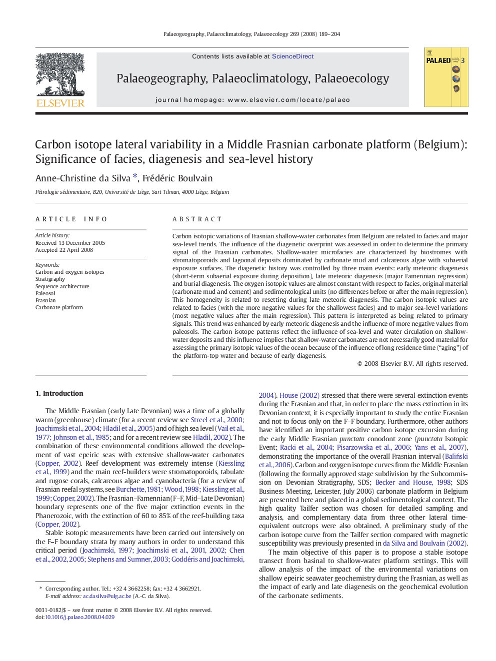 Carbon isotope lateral variability in a Middle Frasnian carbonate platform (Belgium): Significance of facies, diagenesis and sea-level history