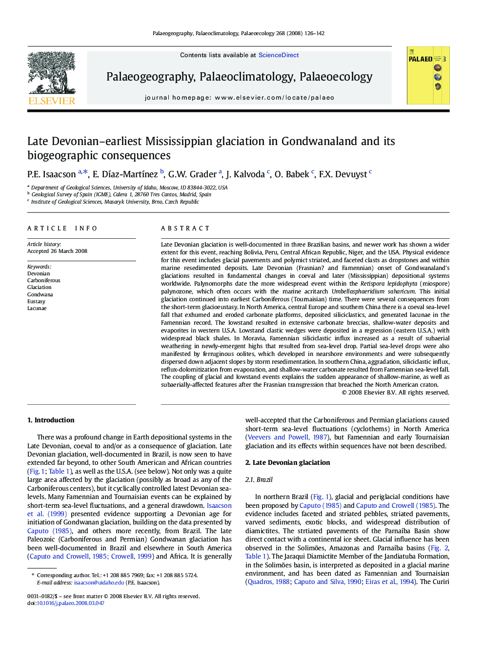 Late Devonian–earliest Mississippian glaciation in Gondwanaland and its biogeographic consequences