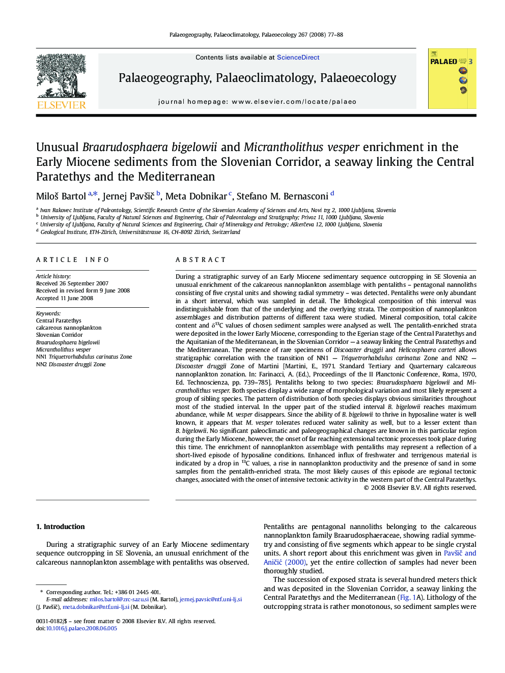 Unusual Braarudosphaera bigelowii and Micrantholithus vesper enrichment in the Early Miocene sediments from the Slovenian Corridor, a seaway linking the Central Paratethys and the Mediterranean