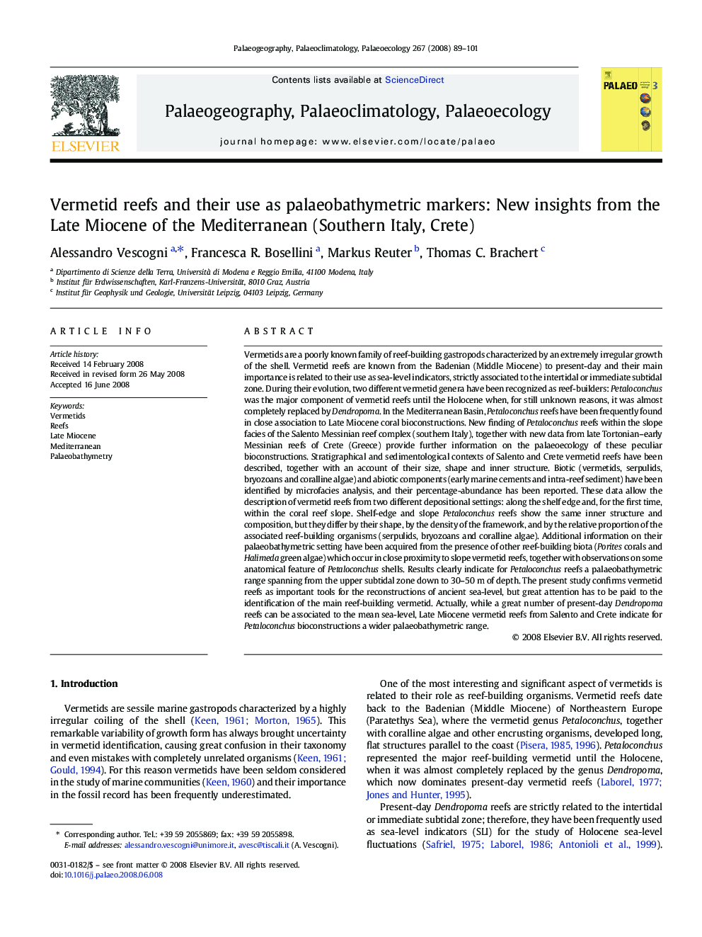 Vermetid reefs and their use as palaeobathymetric markers: New insights from the Late Miocene of the Mediterranean (Southern Italy, Crete)