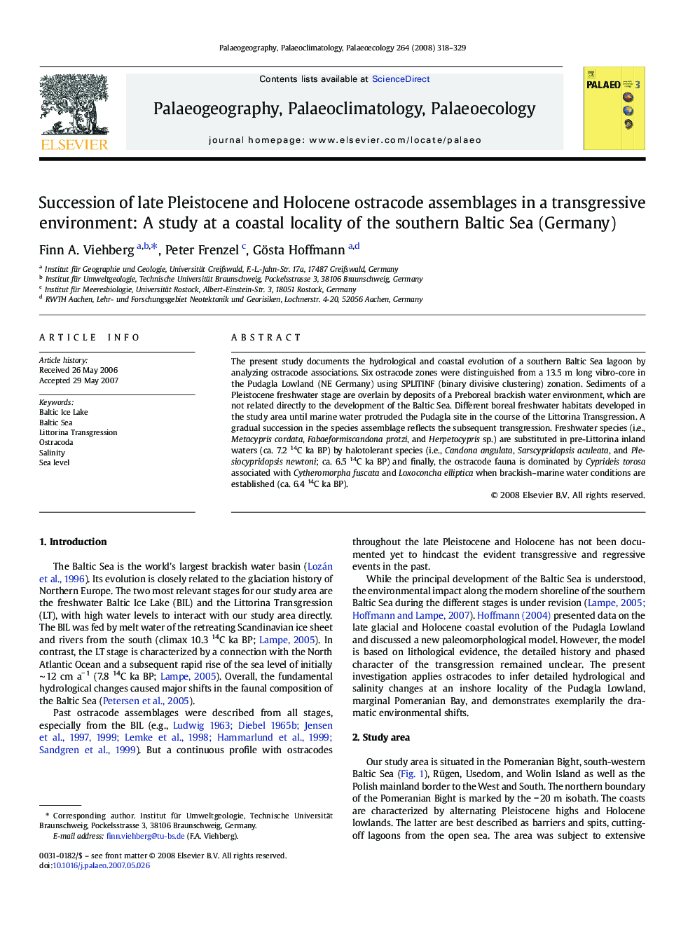 Succession of late Pleistocene and Holocene ostracode assemblages in a transgressive environment: A study at a coastal locality of the southern Baltic Sea (Germany)