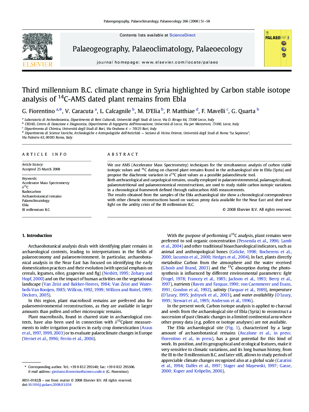 Third millennium B.C. climate change in Syria highlighted by Carbon stable isotope analysis of 14C-AMS dated plant remains from Ebla