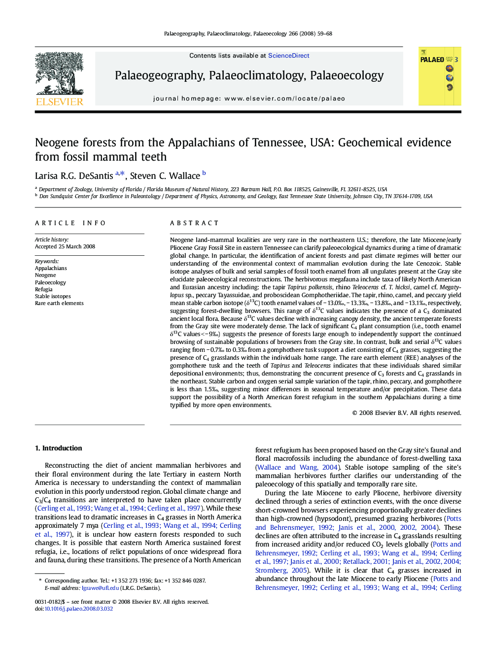 Neogene forests from the Appalachians of Tennessee, USA: Geochemical evidence from fossil mammal teeth