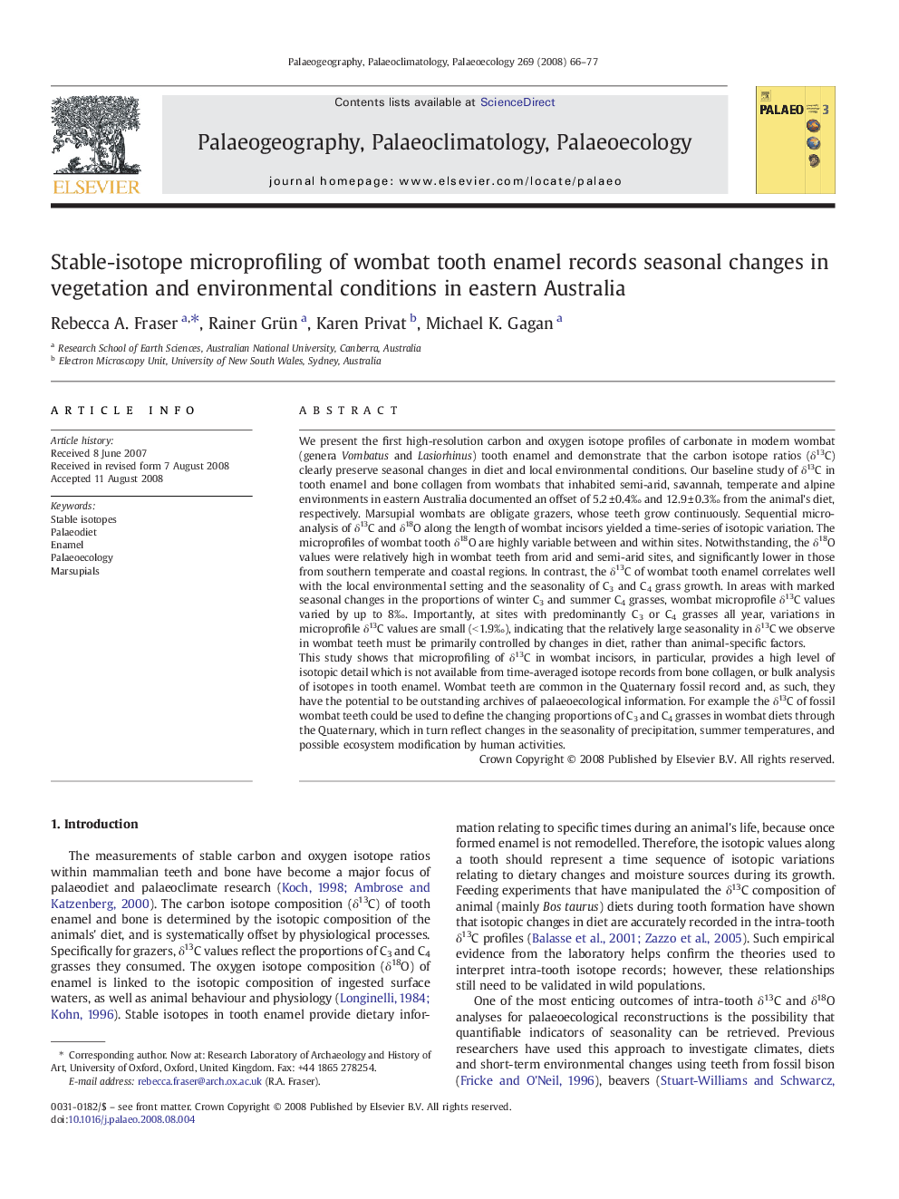 Stable-isotope microprofiling of wombat tooth enamel records seasonal changes in vegetation and environmental conditions in eastern Australia