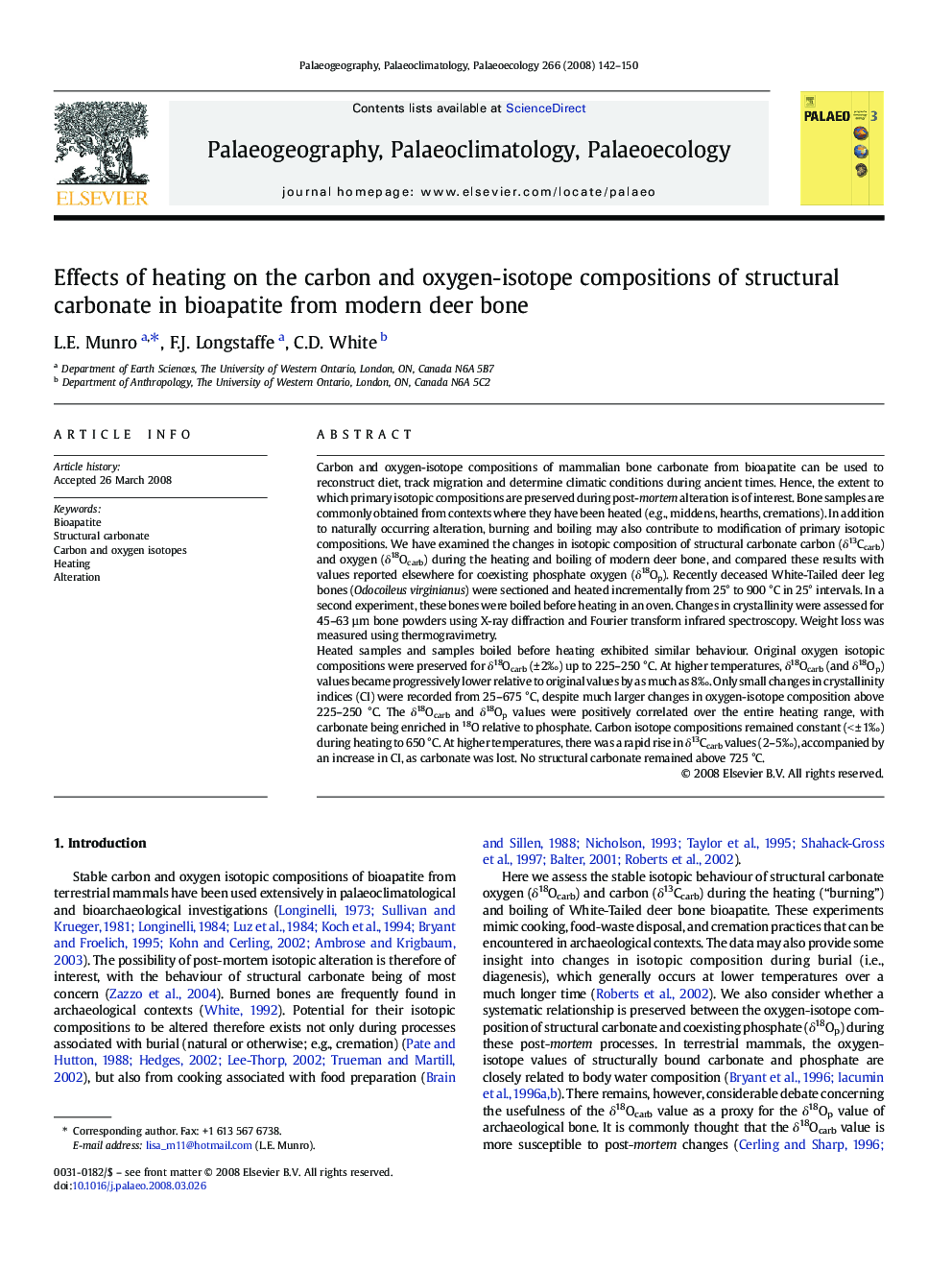 Effects of heating on the carbon and oxygen-isotope compositions of structural carbonate in bioapatite from modern deer bone