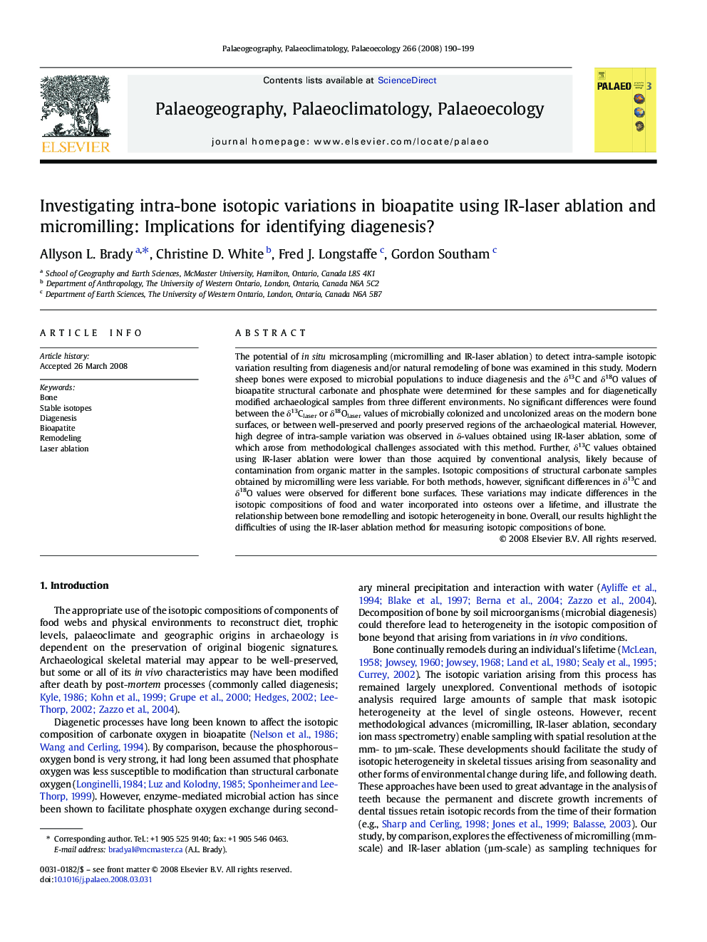 Investigating intra-bone isotopic variations in bioapatite using IR-laser ablation and micromilling: Implications for identifying diagenesis?