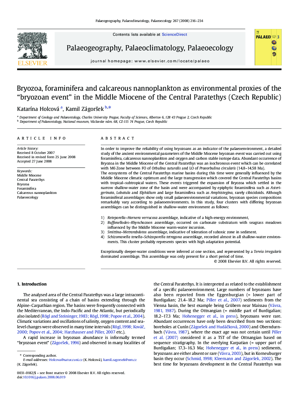 Bryozoa, foraminifera and calcareous nannoplankton as environmental proxies of the “bryozoan event” in the Middle Miocene of the Central Paratethys (Czech Republic)