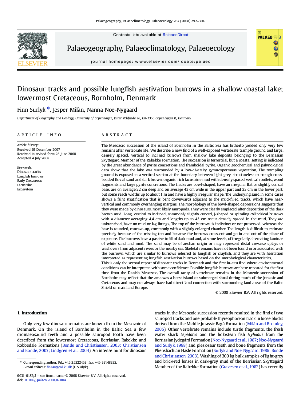 Dinosaur tracks and possible lungfish aestivation burrows in a shallow coastal lake; lowermost Cretaceous, Bornholm, Denmark