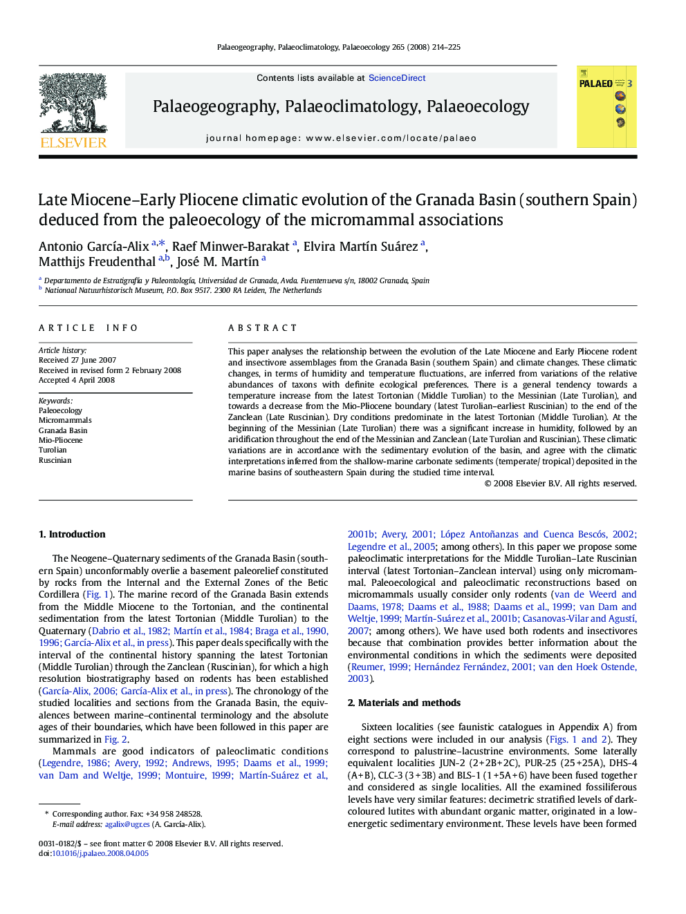 Late Miocene–Early Pliocene climatic evolution of the Granada Basin (southern Spain) deduced from the paleoecology of the micromammal associations