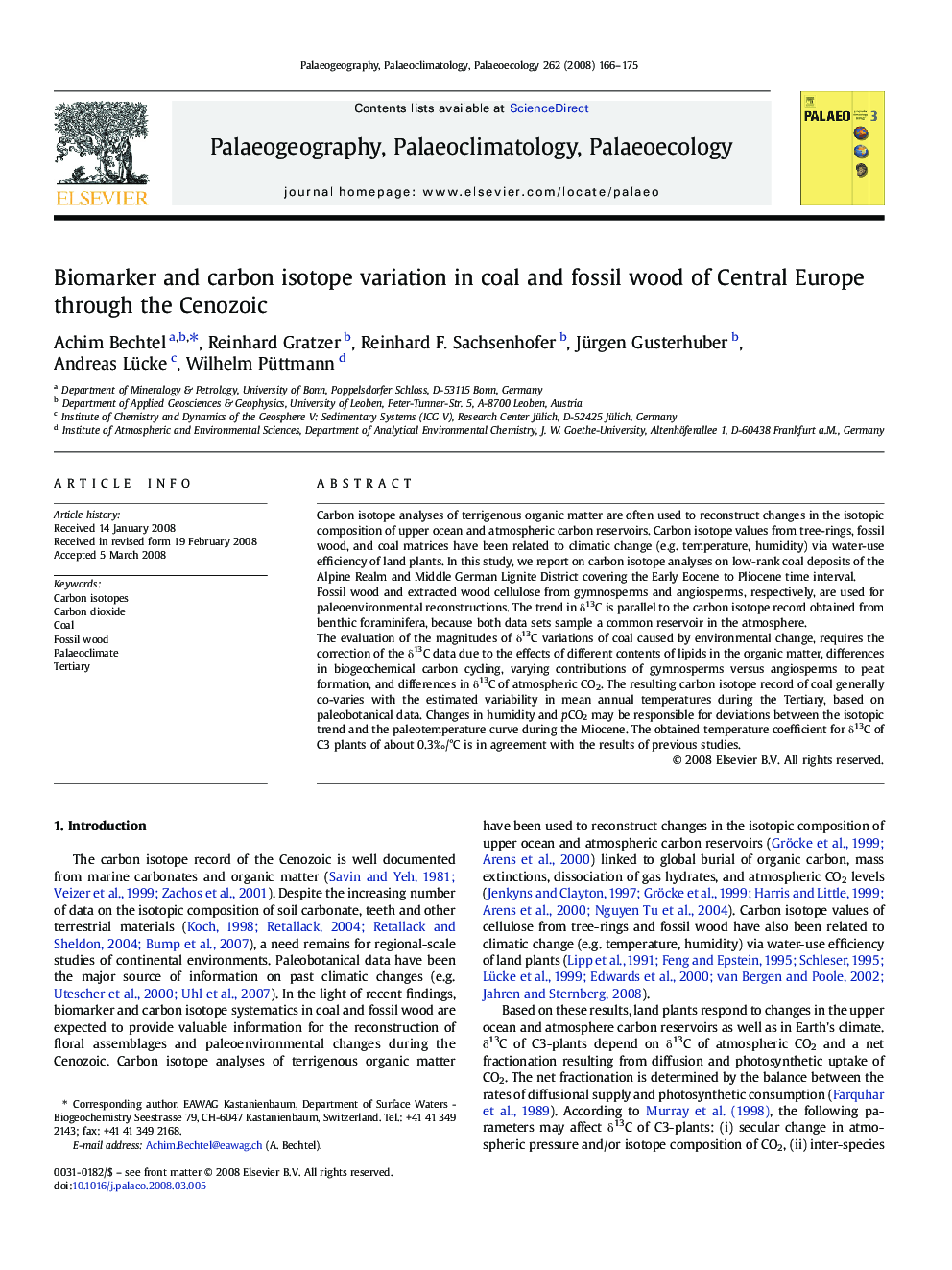 Biomarker and carbon isotope variation in coal and fossil wood of Central Europe through the Cenozoic