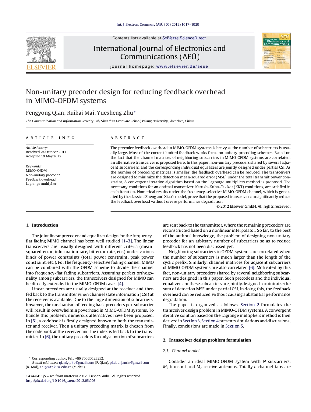 Non-unitary precoder design for reducing feedback overhead in MIMO-OFDM systems