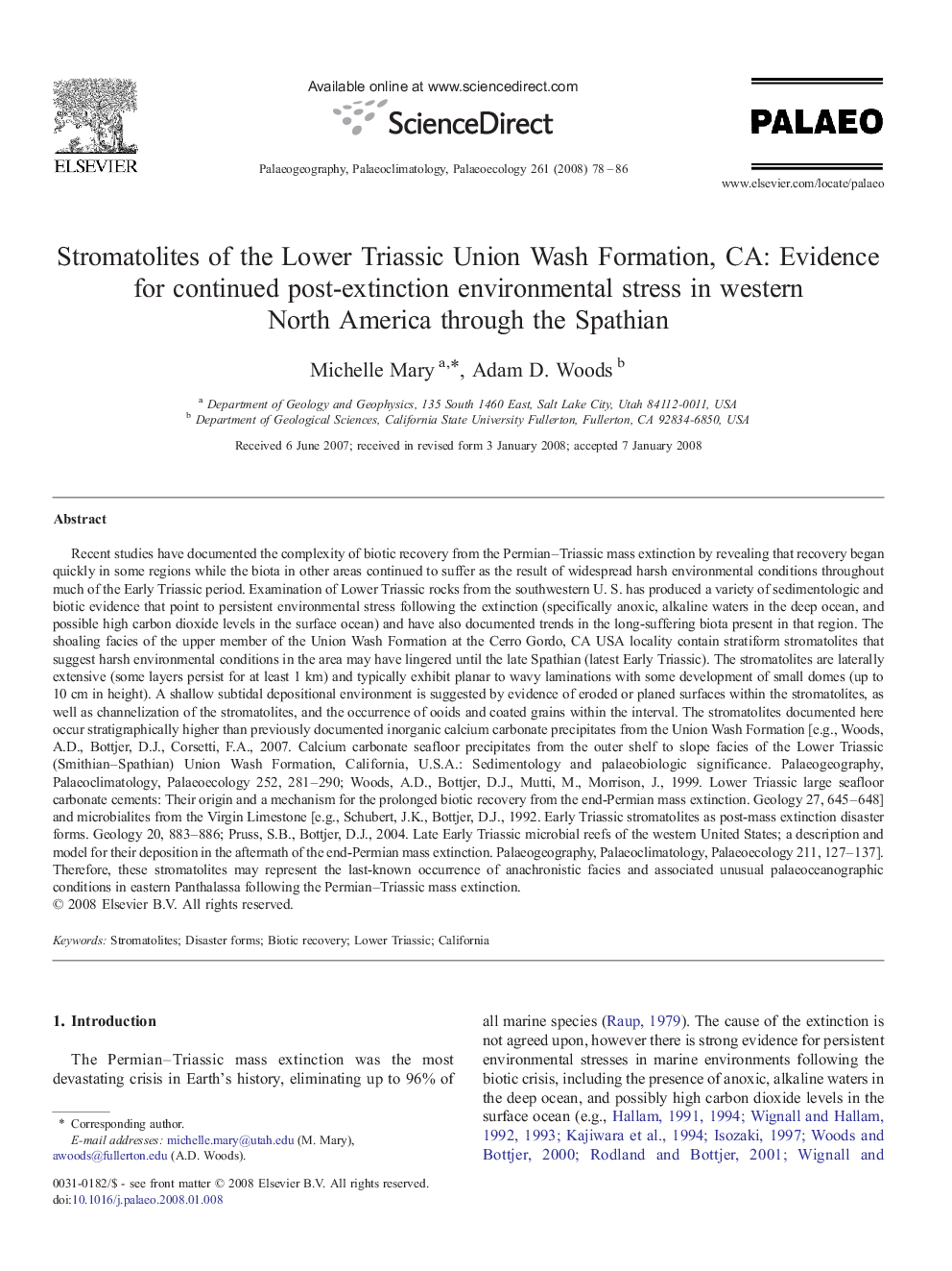 Stromatolites of the Lower Triassic Union Wash Formation, CA: Evidence for continued post-extinction environmental stress in western North America through the Spathian