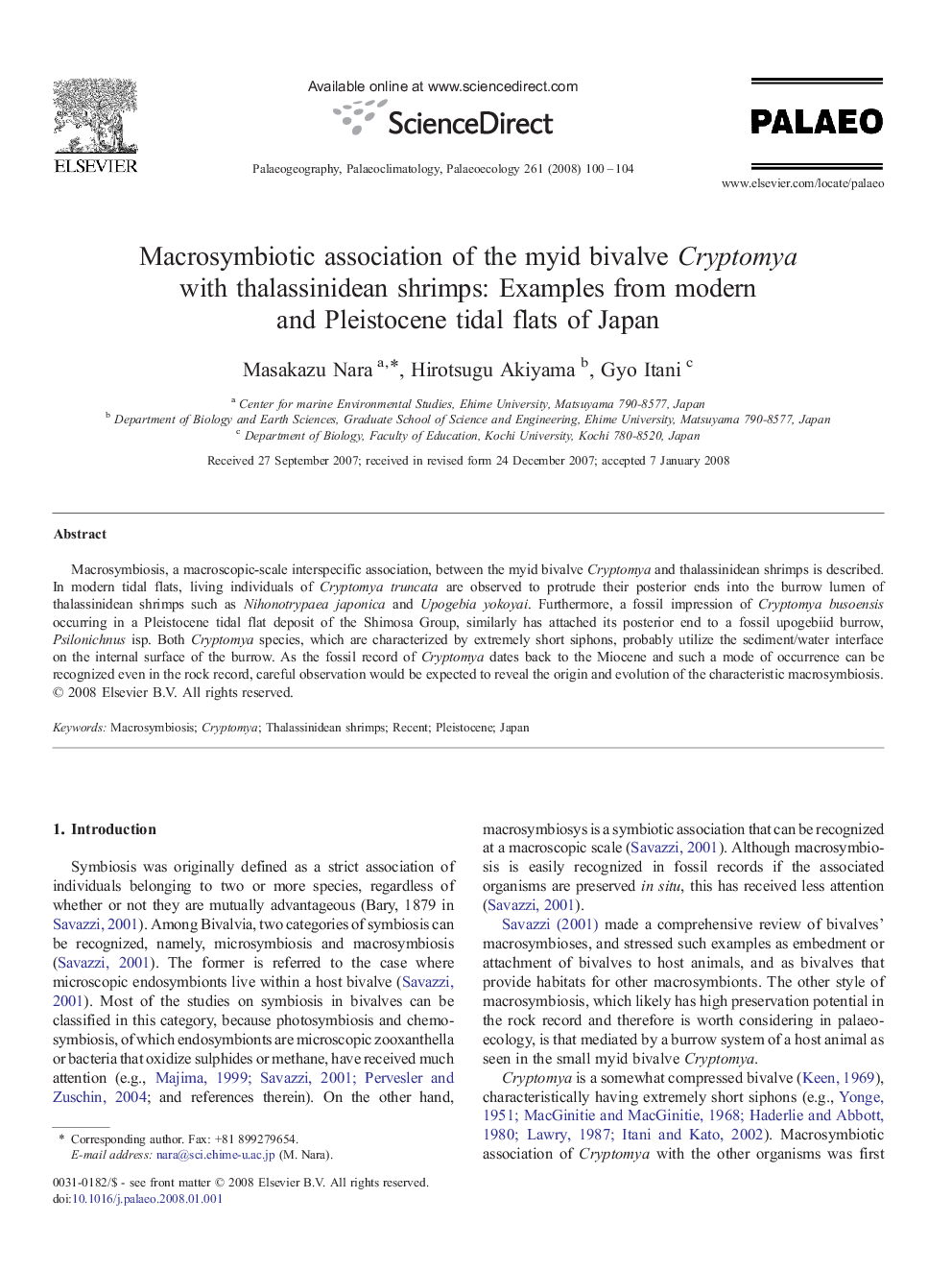 Macrosymbiotic association of the myid bivalve Cryptomya with thalassinidean shrimps: Examples from modern and Pleistocene tidal flats of Japan