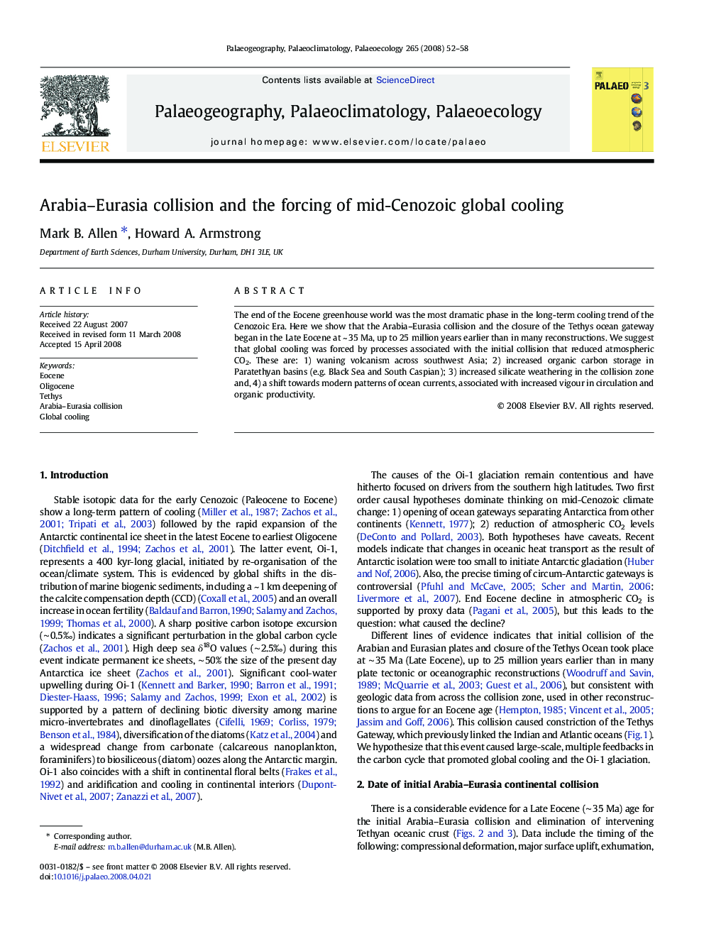 Arabia–Eurasia collision and the forcing of mid-Cenozoic global cooling