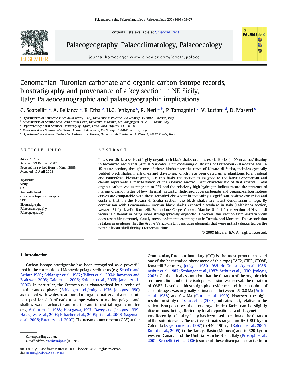 Cenomanian–Turonian carbonate and organic-carbon isotope records, biostratigraphy and provenance of a key section in NE Sicily, Italy: Palaeoceanographic and palaeogeographic implications