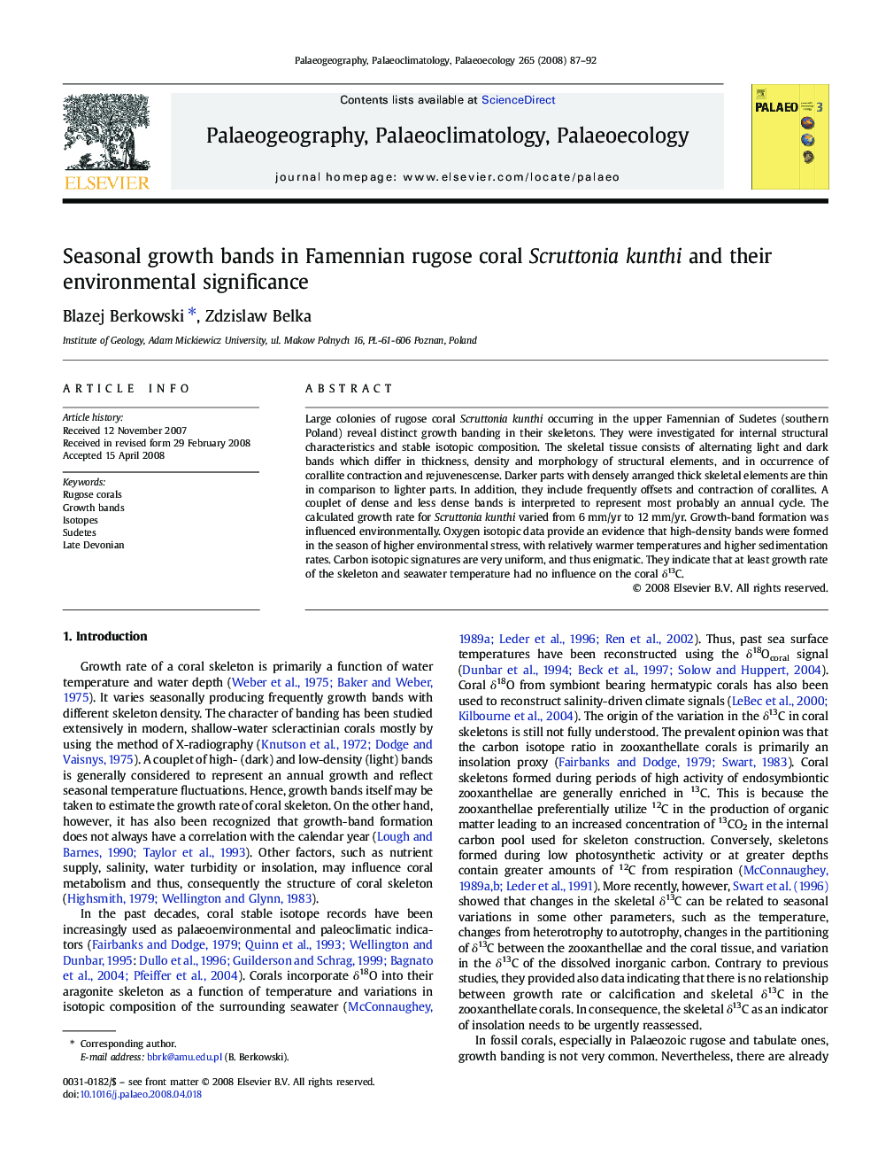 Seasonal growth bands in Famennian rugose coral Scruttonia kunthi and their environmental significance