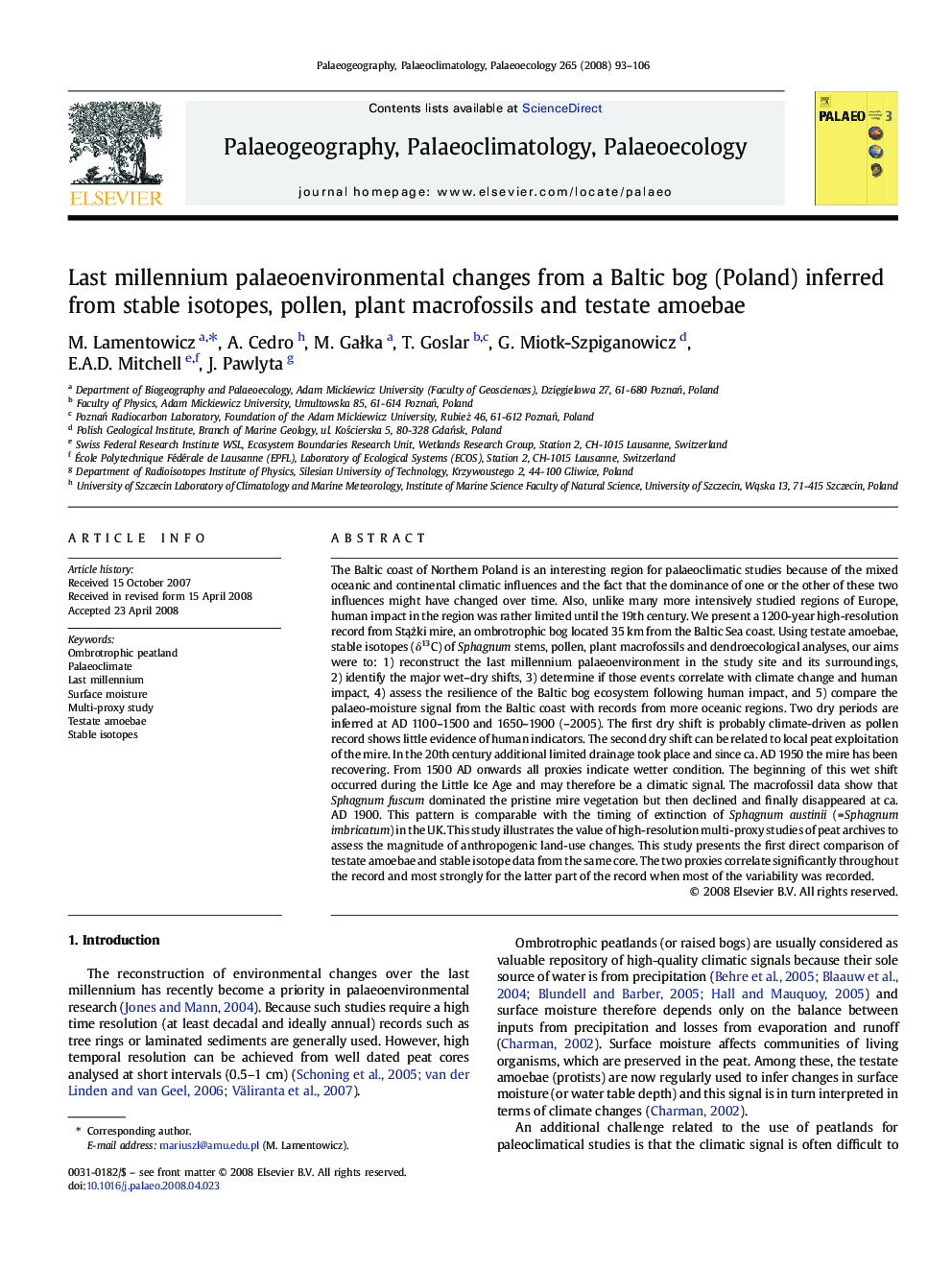 Last millennium palaeoenvironmental changes from a Baltic bog (Poland) inferred from stable isotopes, pollen, plant macrofossils and testate amoebae