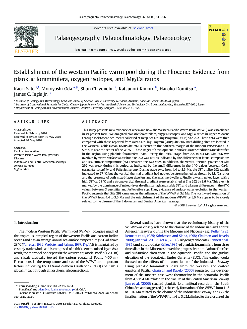 Establishment of the western Pacific warm pool during the Pliocene: Evidence from planktic foraminifera, oxygen isotopes, and Mg/Ca ratios