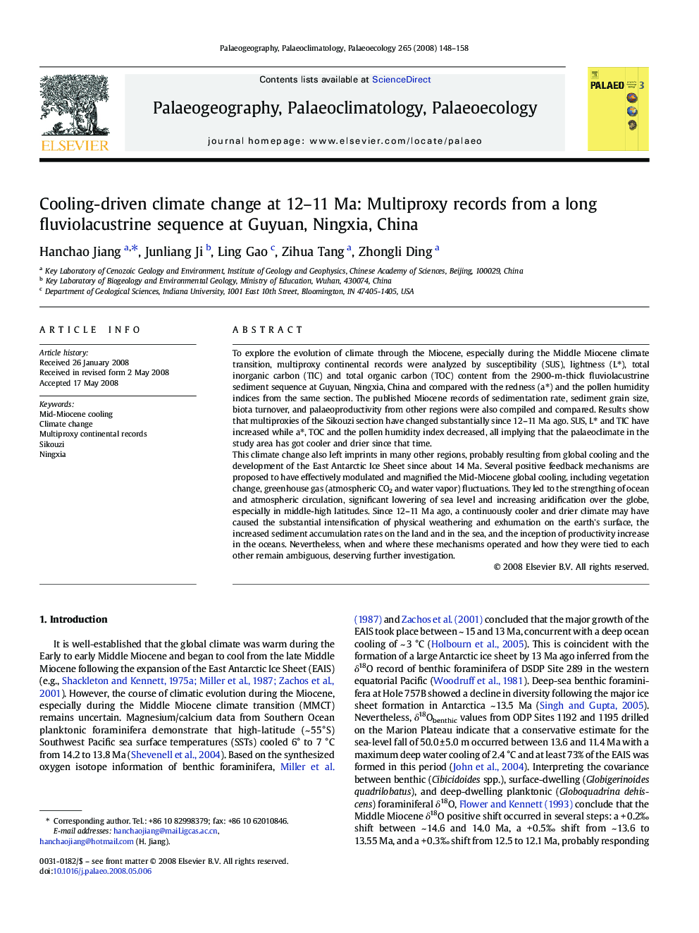 عکس صفحه اول مقاله: Cooling-driven climate change at 12–11 Ma: Multiproxy records from a long fluviolacustrine sequence at Guyuan, Ningxia, China Cooling-driven climate change at 12–11 Ma: Multiproxy records from a long fluviolacustrine sequence at Guyuan, Ningxia, China